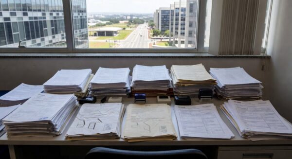 Mesa com pilhas de documentos e formulários da Caesb, representando burocracia no DF que complica inscrições para conselho de consumidores.