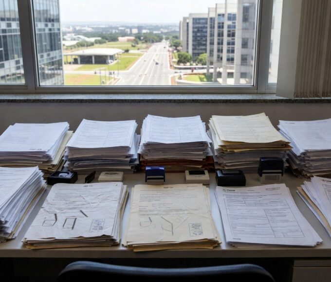 Mesa com pilhas de documentos e formulários da Caesb, representando burocracia no DF que complica inscrições para conselho de consumidores.