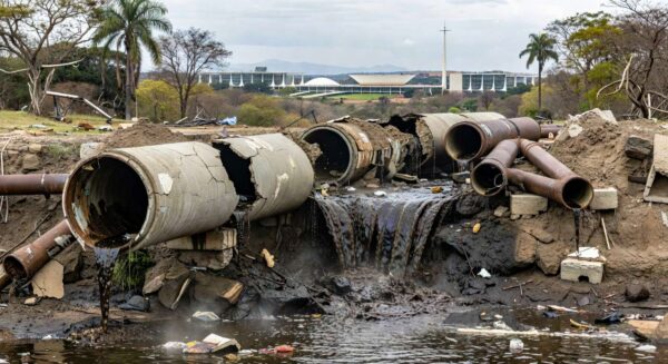 Imagem de valas de esgoto e obras de saneamento inacabadas em área crítica do Distrito Federal, destacando dúvidas sobre expansão tardia.