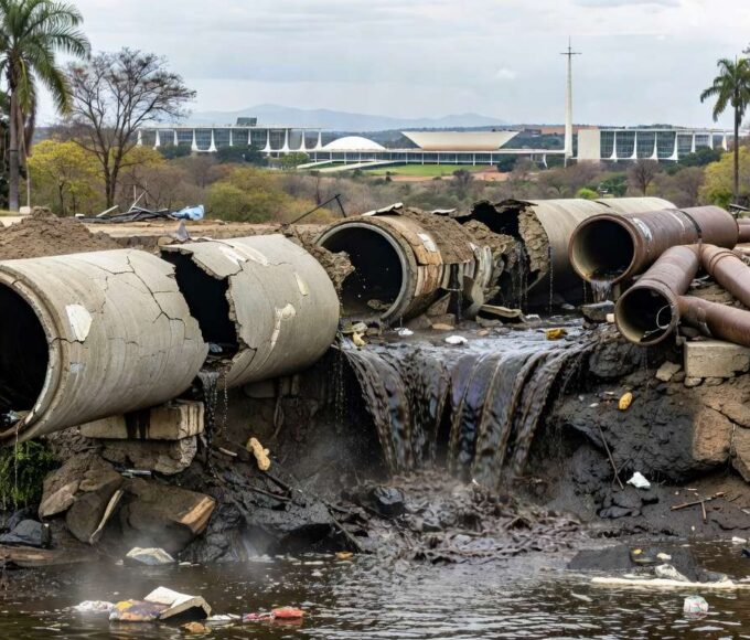 Imagem de valas de esgoto e obras de saneamento inacabadas em área crítica do Distrito Federal, destacando dúvidas sobre expansão tardia.