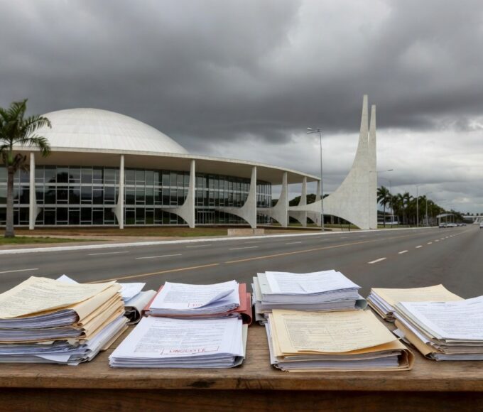 Edifício moderno em Brasília com documentos financeiros, simbolizando reunião sobre suspeitas de irregularidades no BRB e CLDF.
