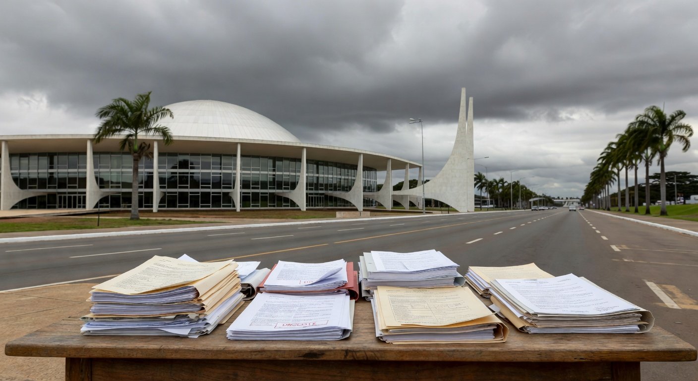 Edifício moderno em Brasília com documentos financeiros, simbolizando reunião sobre suspeitas de irregularidades no BRB e CLDF.