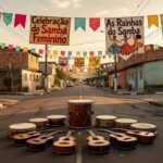 Roda de samba em Ceilândia com instrumentos musicais e decorações homenageando mulheres sambistas.
