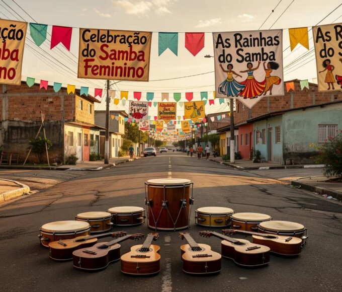 Roda de samba em Ceilândia com instrumentos musicais e decorações homenageando mulheres sambistas.
