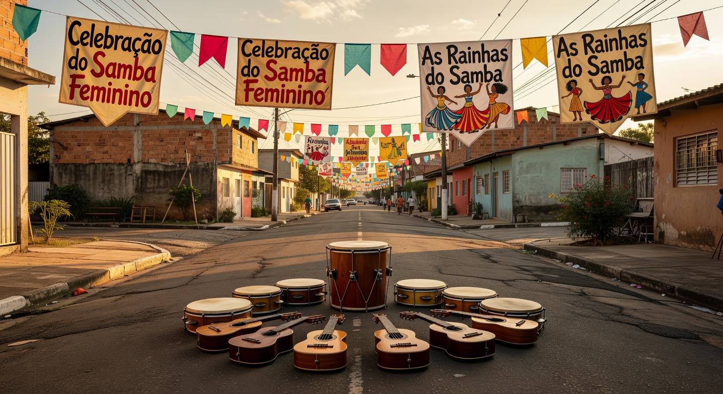 Roda de samba em Ceilândia com instrumentos musicais e decorações homenageando mulheres sambistas.