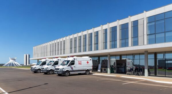 Hospital público em Brasília com ambulâncias, simbolizando reforço na saúde no DF.