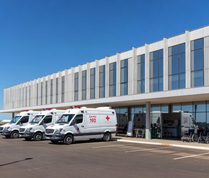 Hospital público em Brasília com ambulâncias, simbolizando reforço na saúde no DF.