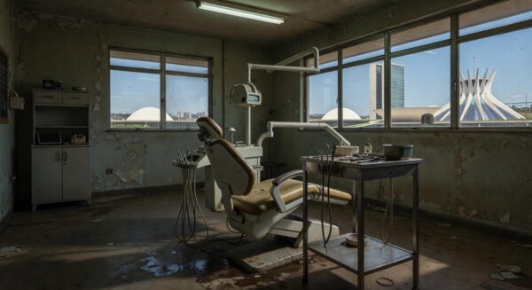 Consultório odontológico precário em Brasília, destacando demandas ignoradas na odontologia pública.