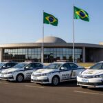 Viaturas da Polícia Civil do DF em frente à CLDF, simbolizando apoio a projeto previdenciário e falhas no sistema.