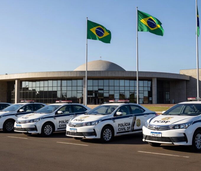 Viaturas da Polícia Civil do DF em frente à CLDF, simbolizando apoio a projeto previdenciário e falhas no sistema.