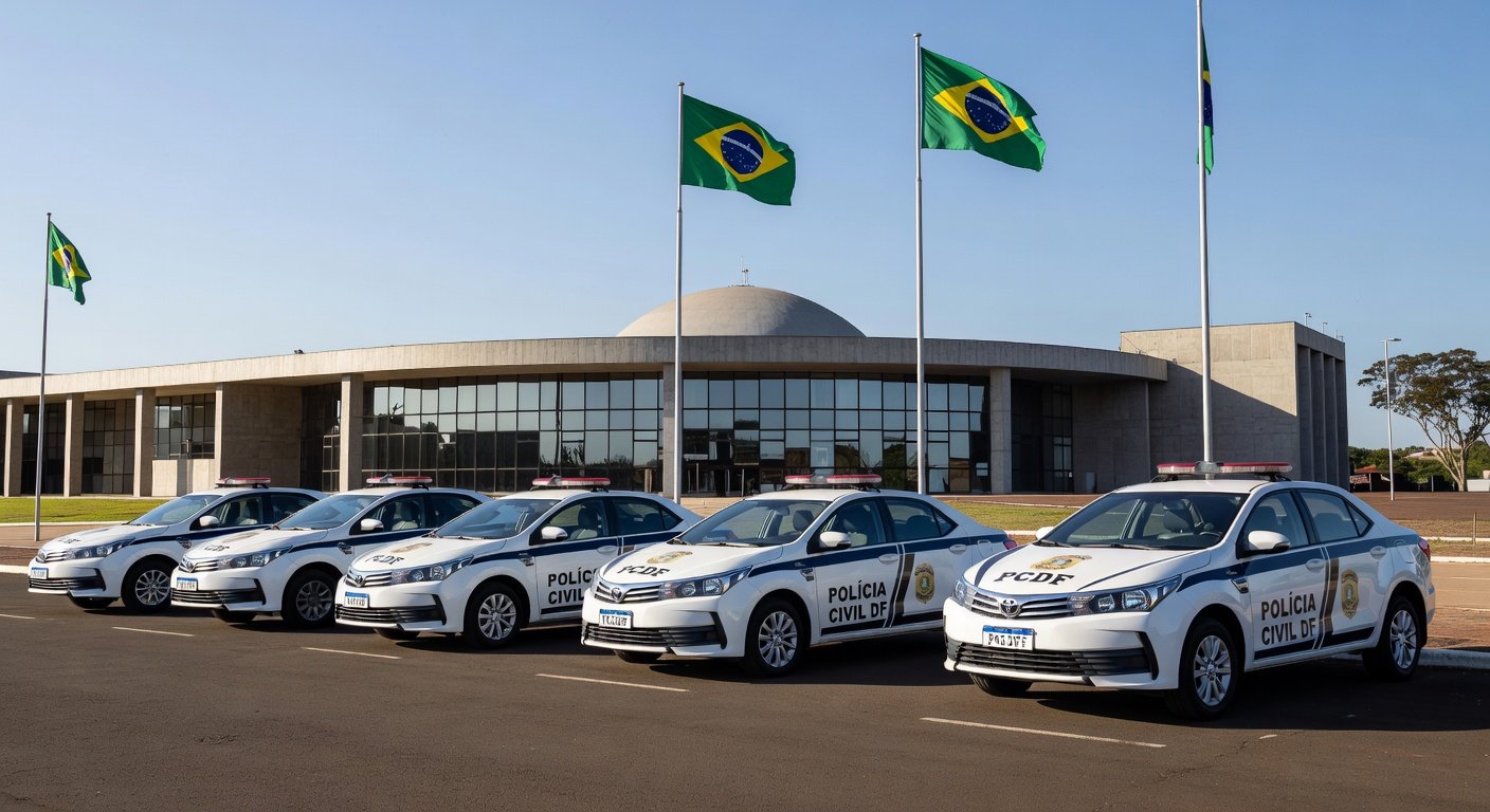 Viaturas da Polícia Civil do DF em frente à CLDF, simbolizando apoio a projeto previdenciário e falhas no sistema.