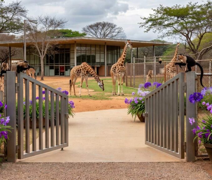Entrada do Zoológico de Brasília com portões abertos e decorações florais para o Dia da Mulher.