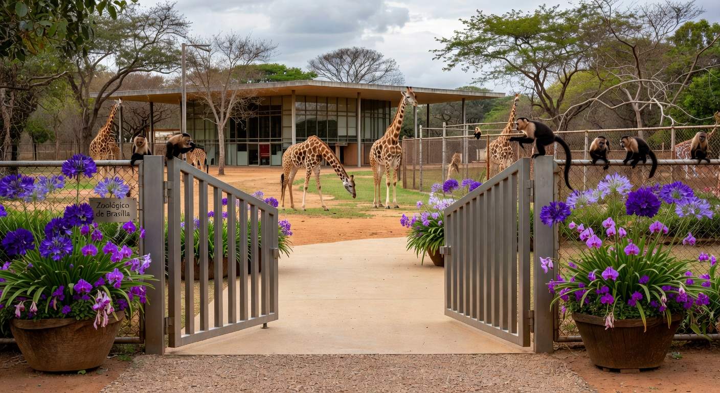 Entrada do Zoológico de Brasília com portões abertos e decorações florais para o Dia da Mulher.