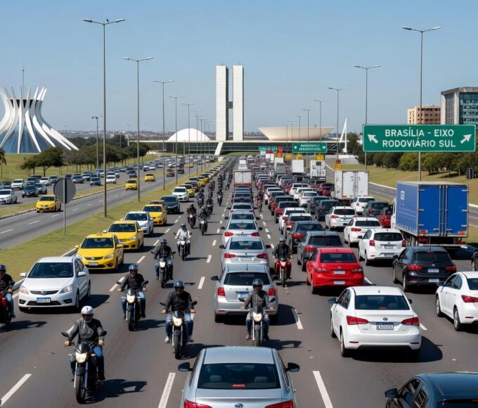 Avenida movimentada em Brasília com trânsito intenso de veículos, representando aumento de mortes no trânsito.