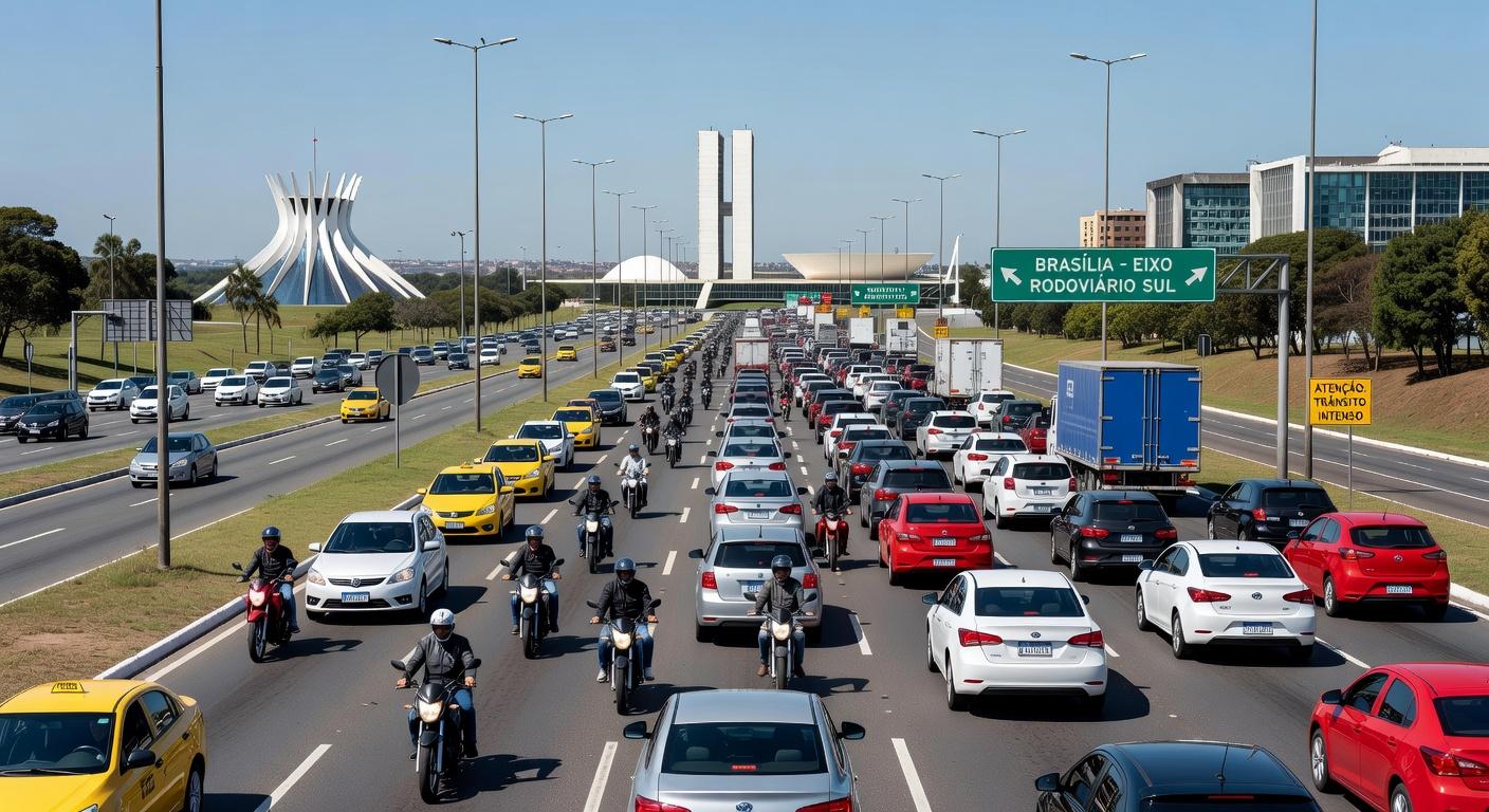 Avenida movimentada em Brasília com trânsito intenso de veículos, representando aumento de mortes no trânsito.