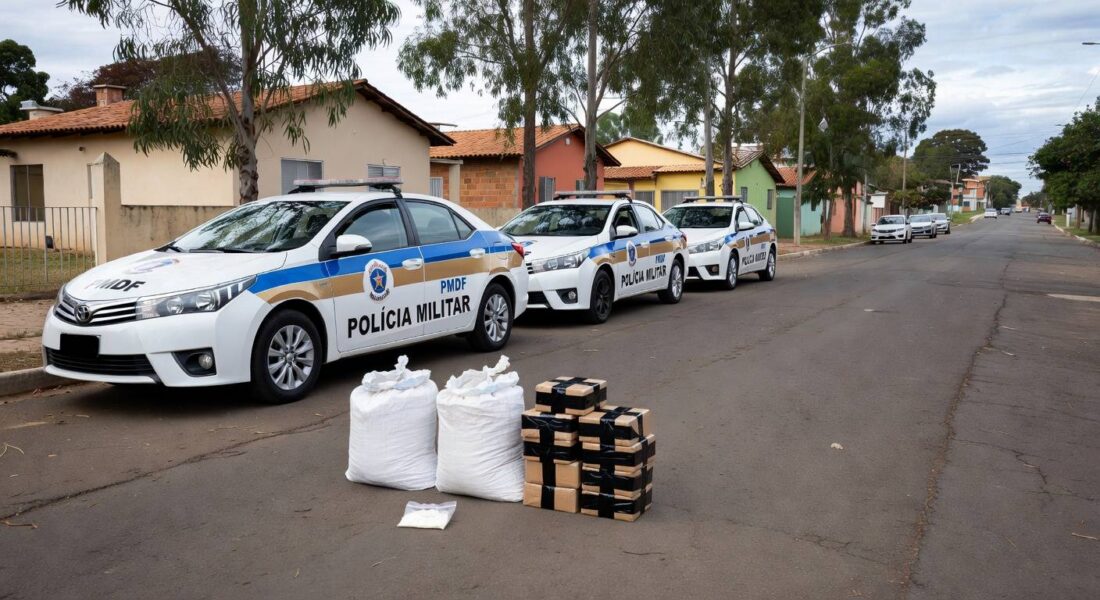 Viaturas da PMDF e pacotes de drogas apreendidas em rua do Recanto das Emas, Distrito Federal.