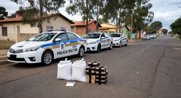 Viaturas da PMDF e pacotes de drogas apreendidas em rua do Recanto das Emas, Distrito Federal.
