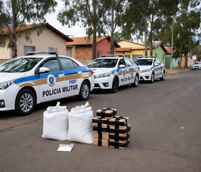 Viaturas da PMDF e pacotes de drogas apreendidas em rua do Recanto das Emas, Distrito Federal.