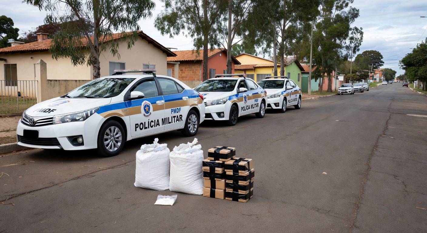Viaturas da PMDF e pacotes de drogas apreendidas em rua do Recanto das Emas, Distrito Federal.