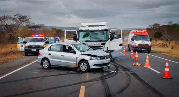 Acidente com quatro veículos na DF-150 em Sobradinho, deixando três feridos, com viaturas e detritos na rodovia.
