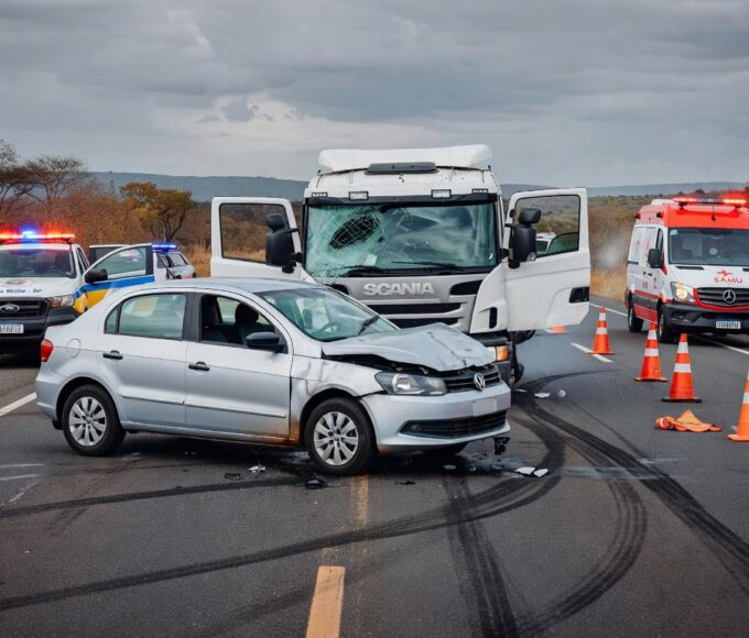 Acidente com quatro veículos na DF-150 em Sobradinho, deixando três feridos, com viaturas e detritos na rodovia.