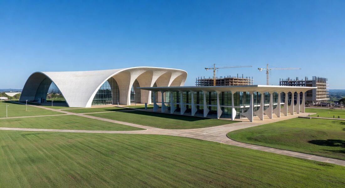 Campus universitário público no DF com edifícios modernos e expansão, representando crescimento de matrículas no ensino superior.