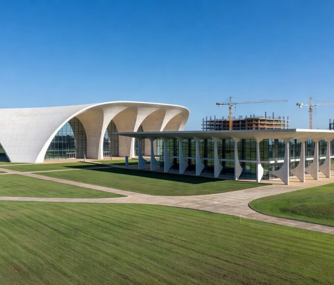 Campus universitário público no DF com edifícios modernos e expansão, representando crescimento de matrículas no ensino superior.