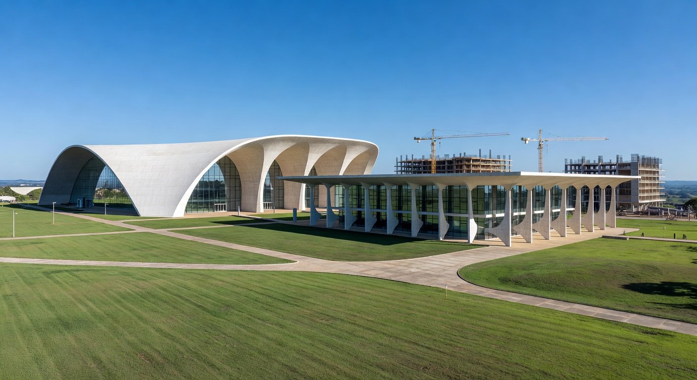 Campus universitário público no DF com edifícios modernos e expansão, representando crescimento de matrículas no ensino superior.