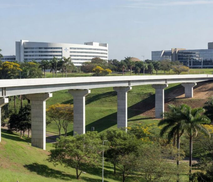 Viaduto novo no Jardim Botânico de Brasília, com estruturas de saúde e educação ao fundo, representando obras do GDF de R$ 45 milhões.