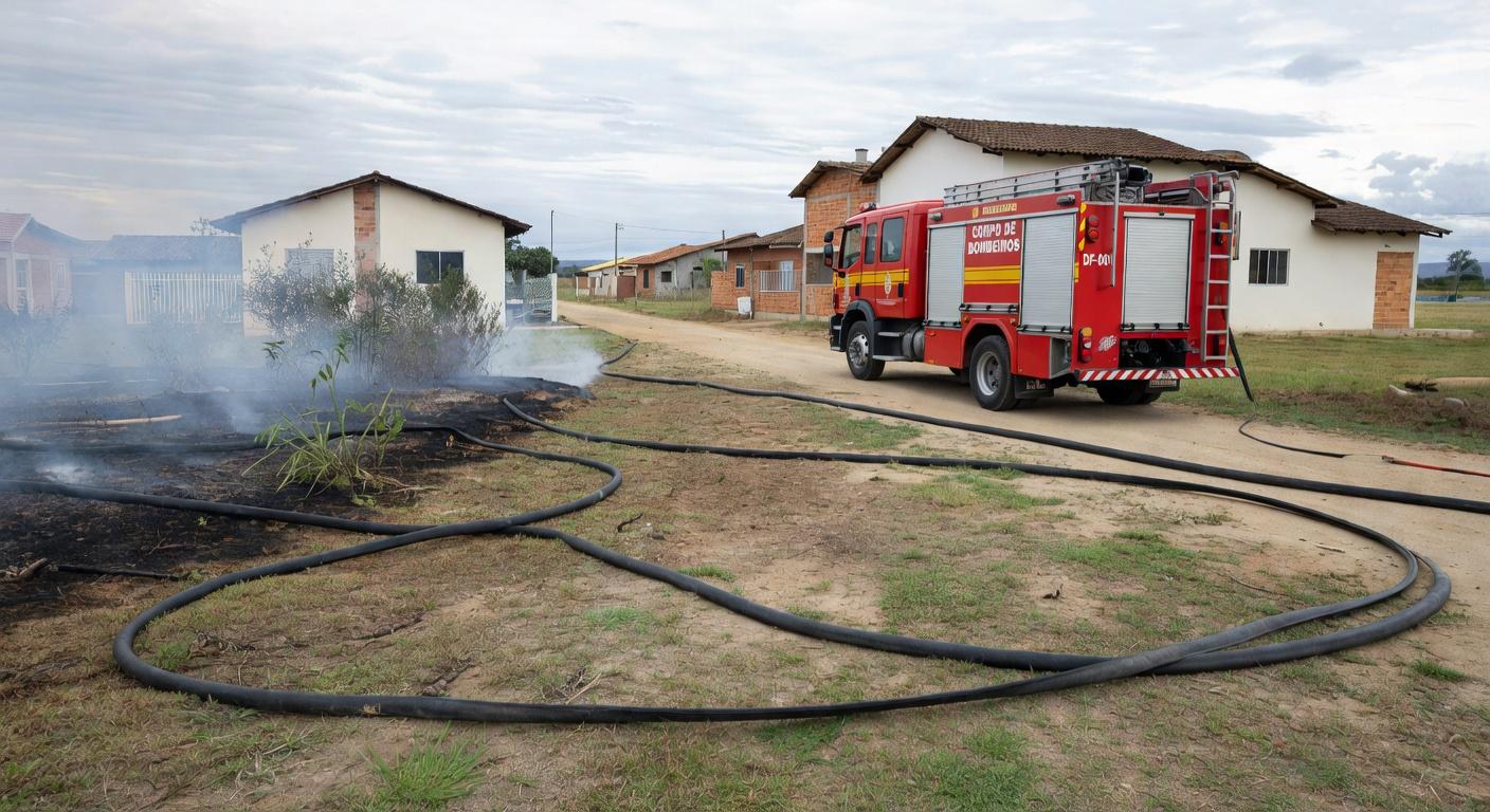 Caminhão de bombeiros controlando incêndio causado por cigarro em casa no Paranoá, sem vítimas.