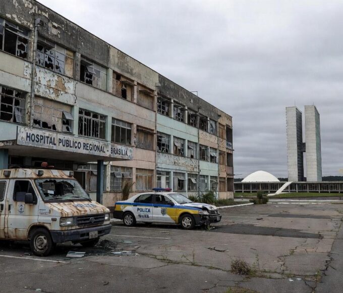 Hospital público deteriorado em Brasília, simbolizando colapso na saúde do Distrito Federal.