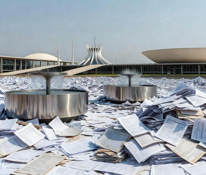 Bebedouro em evento em Brasília com documentos burocráticos, ilustrando obrigatoriedade aprovada pela CLDF.