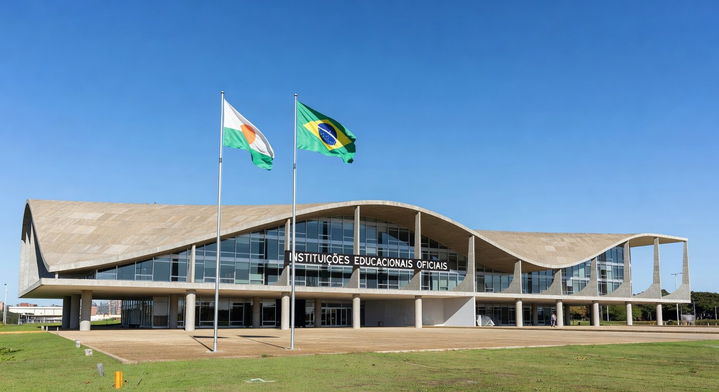 Edifício da Secretaria de Educação no DF, em Brasília, com bandeiras e arquitetura moderna.