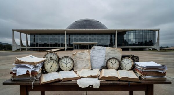 Plenário vazio da CLDF com documentos de seguros e relógio, simbolizando desperdício de tempo em homenagem questionável.