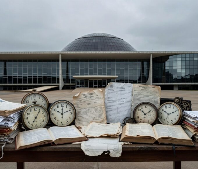 Plenário vazio da CLDF com documentos de seguros e relógio, simbolizando desperdício de tempo em homenagem questionável.