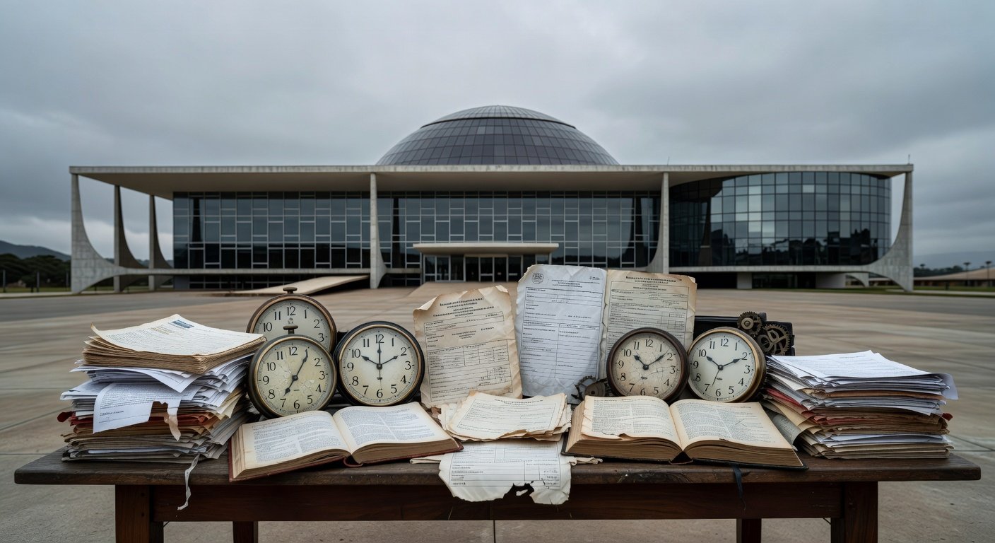 Plenário vazio da CLDF com documentos de seguros e relógio, simbolizando desperdício de tempo em homenagem questionável.