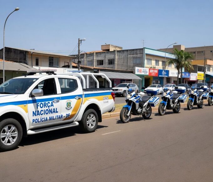 Viaturas da PMDF em operação de segurança em rua de Taguatinga, celebrando aniversário local.