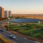 Vista de Riacho Fundo II transformado em polo autossuficiente com investimento do GDF de R$ 96 milhões, mostrando infraestrutura urbana sustentável.