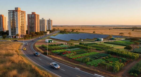 Vista de Riacho Fundo II transformado em polo autossuficiente com investimento do GDF de R$ 96 milhões, mostrando infraestrutura urbana sustentável.