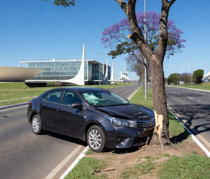 Carro danificado colidido com árvore na Via W2 Sul em Brasília, cena de acidente de trânsito.