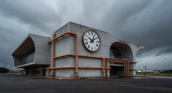 Escritório com pilhas de formulários de estágio e relógio, representando burocracia e prazos curtos no DF.