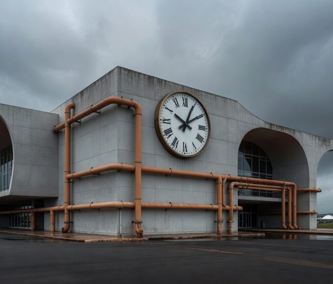 Escritório com pilhas de formulários de estágio e relógio, representando burocracia e prazos curtos no DF.