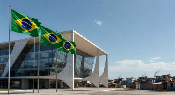 Edifício da CLDF em Brasília com faixa de homenagem, contrastando com sinais de crises urbanas no DF.