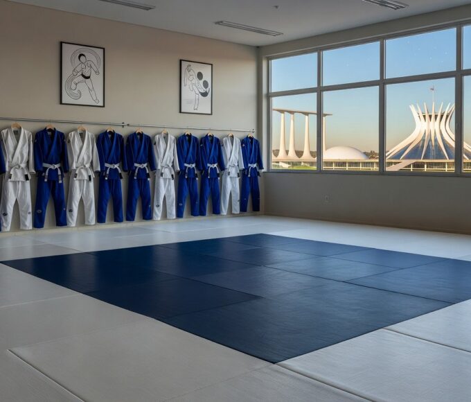 Academia de jiu-jitsu vazia em Brasília, com tatame e bandeiras brasileiras, representando palestra contra importunação sexual.