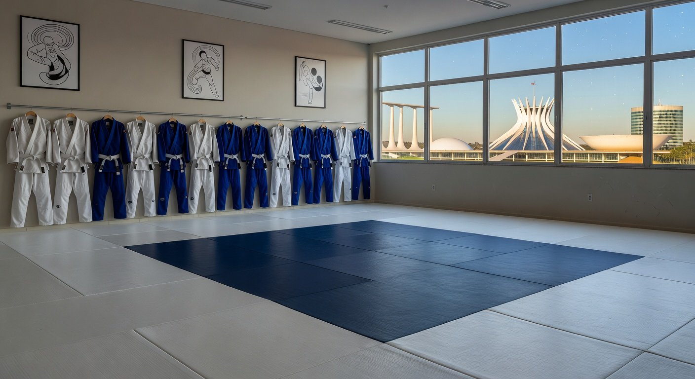 Academia de jiu-jitsu vazia em Brasília, com tatame e bandeiras brasileiras, representando palestra contra importunação sexual.