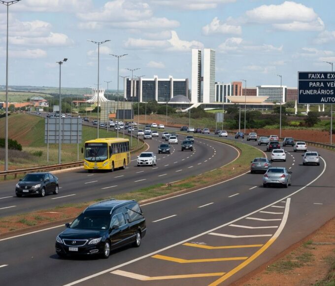 Carro fúnebre em faixa exclusiva da EPTG em Brasília, autorizado pelo DER-DF.