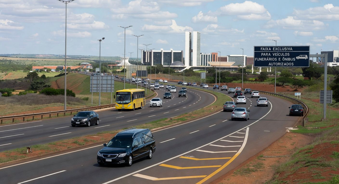 Carro fúnebre em faixa exclusiva da EPTG em Brasília, autorizado pelo DER-DF.