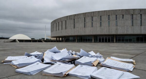 Fachada da Câmara Legislativa do DF com documentos espalhados, expondo falhas na governança do Distrito Federal.