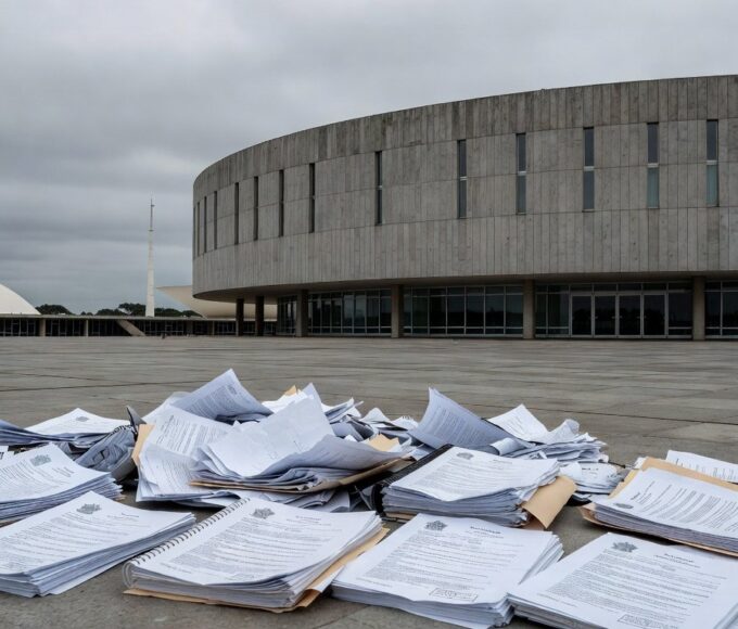 Fachada da Câmara Legislativa do DF com documentos espalhados, expondo falhas na governança do Distrito Federal.