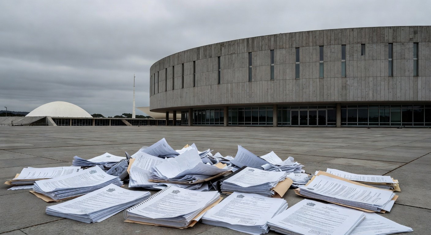 Fachada da Câmara Legislativa do DF com documentos espalhados, expondo falhas na governança do Distrito Federal.